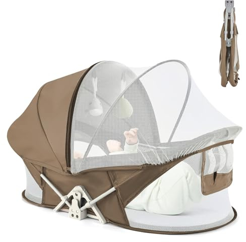 ISELECTOR Portable Baby Bassinet for Baby Travel, Baby Cribs Travel Pod for Outdoors Baby Lounger Infant Travel Bed with Mosquito Net and Sunshade Canopy, Lightweight Washable (Brown)