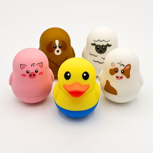 TensCare Farm Friends Set 5 – Canard, Mouton, Vache, Chien, Porcelet | Thermomètres de Bain Flottants LCD/LED, Silicone sans BPA, Pile Longue Durée