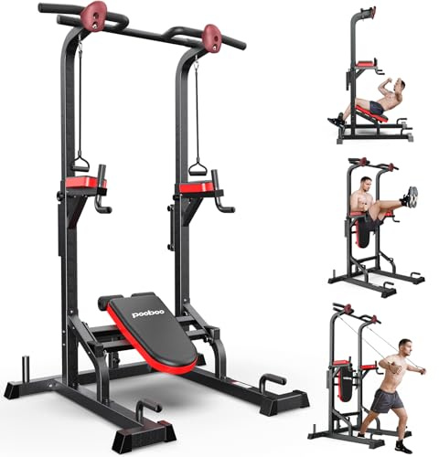 Power Tower Dip Station Pull Up Bar for Fitness Home Gym Workout,Multi-Function Adjustable Height Fitness Strength Training Exercise Equipment,with Power Elastic Ropes (Black with supine board)
