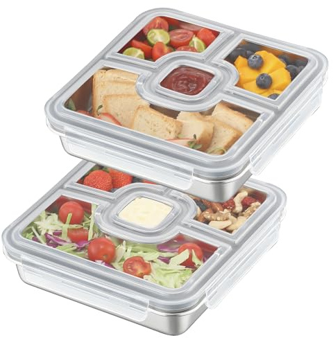 Misichao Stainless Steel Lunch Box with 4 Compartments - 800ml Metal Bento Box for Adults & Children Reusable Meal Prep Food Storage Containers Dishwasher Safe | School Office