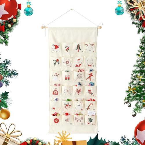 Calendrier de compte à rebours de Noël en tissu, décoration murale de vacances | 24 poches – Calendrier de l'Avent 2025 – pour chocolats, bonbons, biscuits
