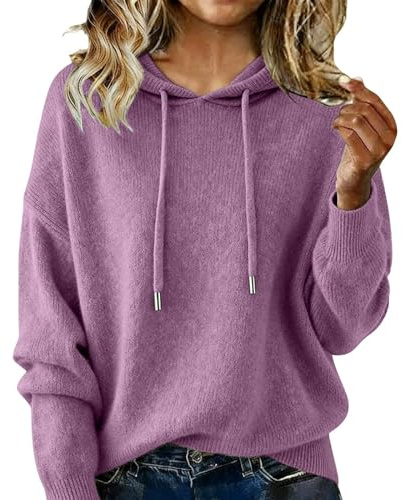 Mysiga kashmirtröjor för kvinnor stickad huva vinter överdimensionerad lätt dragsko pullover med huva, Ljuslila, L