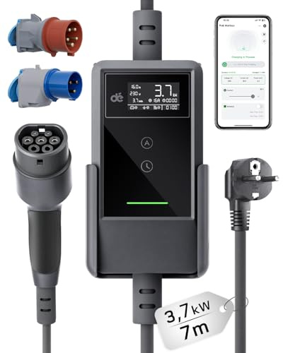 dé Carichino Auto Elettrica App 3,7kW 7m 6–16A Set Viaggio, Caricatore Auto Elettrica Portatile Tipo 2 Schuko con LCD, Cavo Ricarica Auto Elettrica, Colonnina Ricarica per Model 3/Y e Altri EV/PHEV