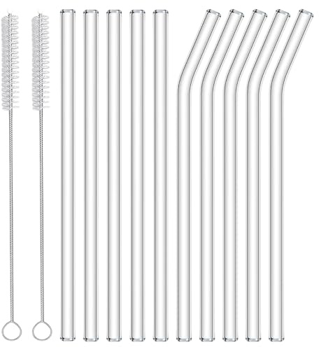GWEOR Set di 12 Cannucce Riutilizzabili – 5 Dritte e 5 Curve 8mm*18cm, Cannucce Vetro con 2 Spazzole per la Pulizia, Lavabili in Lavastoviglie