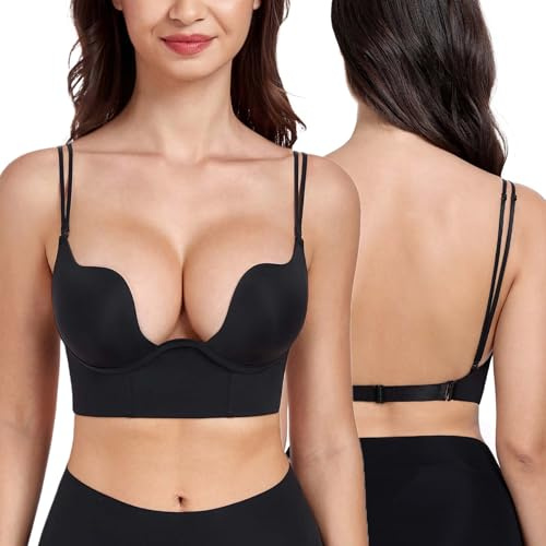 DotVol Women's Deep Plunge Low Cut Push-Up Backless Underwire Bra | Seamless, Deep Plunge, Low Back, Convertible Straps, Thick Padding, Push up, U-neckline