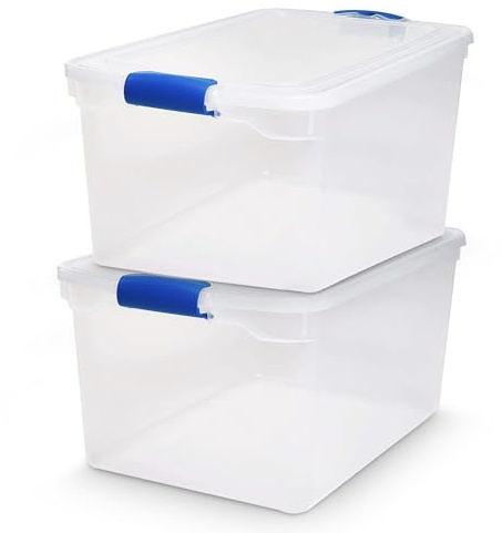 HOMZ 2-Pack Latching Lid, Large Clear Plastic Storage Bins with Lids, 66 Quart, Blue Latch - Stackable Container Boxes for Home, Bathroom, and Office Organization