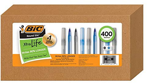 BIC Round Stic Xtra Life Ballpoint Pen, Medium Point 1.0 mm, 200 Black & 200 Blue Ink Pens, Bulk Pack of 400