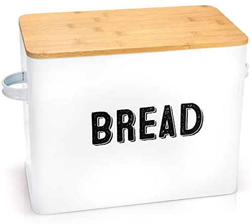 Granrosi 10 Tall Vintage-Inspired Farmhouse Metal Bread Keeper Box Storage Container with Bamboo Wooden Lid and 2 Handles, White