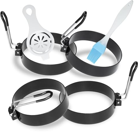 Stainless Steel Egg Rings for Frying Eggs（4 Pack） - 3.5 Round Non Stick Griddle Rings with Oil Brush, Egg Sandwich/Pancake/Cooking Molds, Breakfast Maker Accessories & Egg Separator