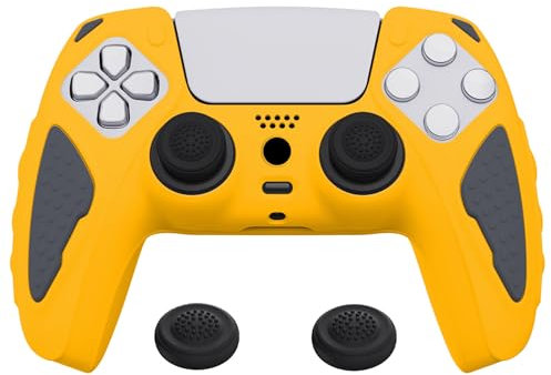 PlayVital Funda de Silicona para ps5 Mando - Carcasa de Goma Antideslizante con Tapas para Pulgar, Protector Tacto Suave, Accesorio para ps5 - Edición Knight (Atención Amarillo & Gris Grafito)