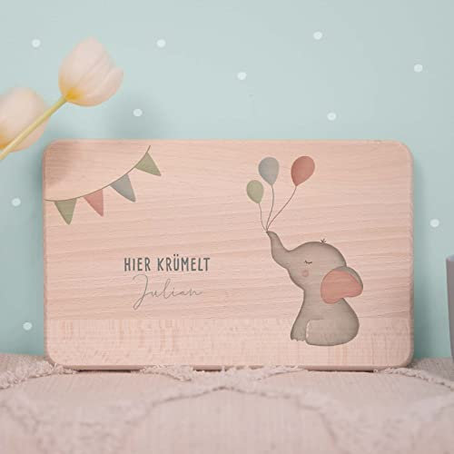 Personalisiertes Frühstücksbrettchen mit Motiv aus Buchenholz - Mit individuellem Aquarell Druck - 26 x 16 x 1,5 cm - Geschenk für Babys & Kinder zur Geburt, Taufe - hellomini (Elefant)