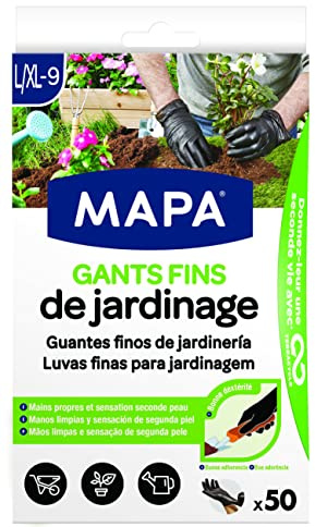 Mapa - Gants Fins de Jardinage x 50 - Dextérité et Résistance - Nitrile et Vinyle - Boîte distributrice de 50 gants fins - Noirs - Taille L/XL