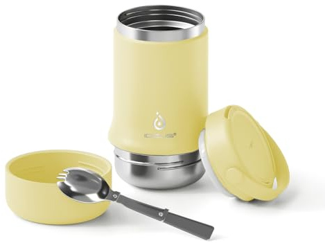 Ideus Essensbehälter mit der Faltlöffel, Edelstahl Isolierte Lebensmittelflasche 600ml, für Schule, Büro, Reise, Camping, 12 Stunden heiß, 24 Stunden kalt (20oz,Hellgelb)