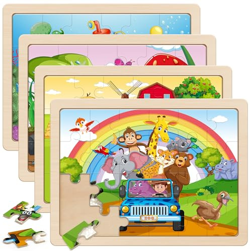 SYNARRY Wooden Animal Jigsaw Puzzles for Kids 3 4 5 Year Olds - 4 Packs 24 Piece Children’s Jigsaw Puzzles Age 3 4 5 6 Boys Girls