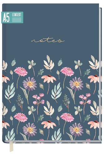 Trendstuff by Häfft® Anteckningsbok A5 linjerad Flying Flowers | Dagbok, journal, idébok, skrivhäfte, 124 sidor, 62 ark