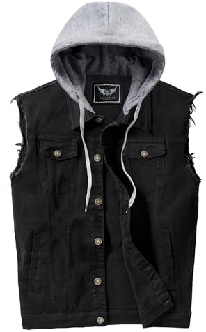 RongYue Men's Denim Vest Casual Button Stretchy Distressed Jean Sleeveless Jacket with Hood (Black,2X-Large)
