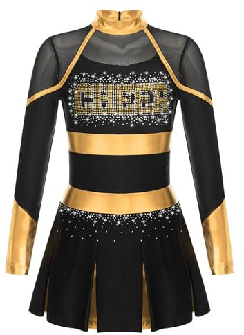 YOOJIA Mädchen Cheerleading Kostüm Langarm Tanzkleid mit Glitzer Cheer Leader Outfit Schulmädchen Kleider Sportkleid Schwarzes Gold 134-140