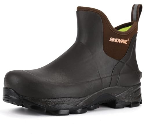 Showave Gummistiefel für Herren, wasserdicht, Regenschuhe, langlebig, kurze Jagdstiefel für Schlamm, Gartenarbeit, Hof und Arbeit, Braun, 44.5 EU