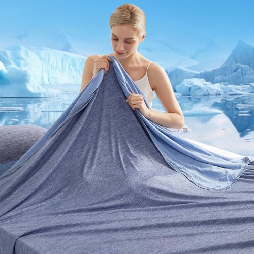 Marchpower Kylfilt 229 x 274 cm, lätt sommarfilt med japanska Arc-Chill Q-Max>0,5 kylfibrer, tar upp kroppsvärme, 2-i-1 dubbelsidig barnfilt filt filt soffpläd resefilt – blå