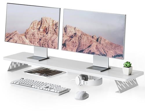 Fenge Soporte de Monitor de Madera con Estructura de Metal, Elevador para Escritorio de Doble Monitor, Soporte para Laptop, Computadora , con Estante de Almacenamiento (Blanco, 110CM)