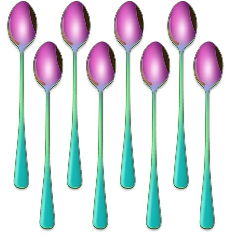 7.5 Inches Rainbow Stainless Steel Ice Tea Spoon,Set Of 8 Long Handle Coffee Stirring Spoons,Multicolored Sundae Spoons,Colorful Cocktail Mixing Spoon