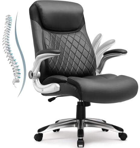 COMHOMA Chaise de Bureau Ergonomique,Fauteuil avec Accoudoirs Pliables et Dossier Haut, Fonction Bascule, Fauteuil de Direction Réglable en Hauteur，Cuir résistant aux Rayures，Noir (Noir)