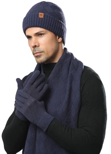 MAZELIKEHOOD Scarpa Cappello e Guanti Uomo 3 Pezzi Set Invernale Caldo Set Morbida con Guanti Touchscreen Cappello e Sciarpa Ideale Regalo per Uomo Natale o Compleanno