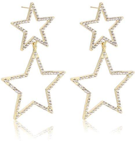 Double Star Earrings for Women, Sparkly Rhinestone Star Dangle Drop Earrings Y2K Stud Jewelry Concert Dangly Accessories for Friends Birthday Party Halloween Christmas (Gold)