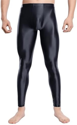 Men's Shiny Leggings, High Waist Tummy Control Glossy Yoga Sports Pants, Stretchy Foil Spandex Tights for 80s Disco, Slim Fit Solid Full Length Trousers for Dancewear Nightclub Rave Party Fitness