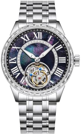 JDLERMY Men Real Tourbillon Skeleton Diamond Dial Automatic Self-Wind Mechanical Wrist Watch Sapphire Crystal Business Double-Sided Hollow Waterproof Clock Luminous Stainless Steel Wristwatch
