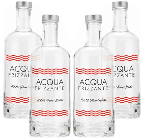 BrandPrint Set di 4 Bottiglie in Vetro Modello Iside da 750 ml, serigrafate, con Tappo a Vite in Alluminio. Bottiglia Plastic Free. (4 Frizzante)