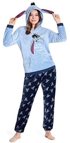 Disney Pigiama Donna Invernale Pile Stitch Minnie Minou Simba Winnie The Pooh (L, Blu Eeyore)