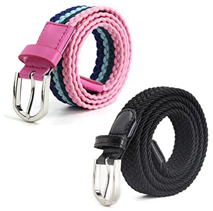 AnJuHoPa stretchbälte flätat elastiskt hållbart bälte nickelfritt spänne tygbälte tillverkat av ekologiskt testat material unisex bälte, Svart & (marinblå rosa), 2-Pack 2.5cm × 80cm