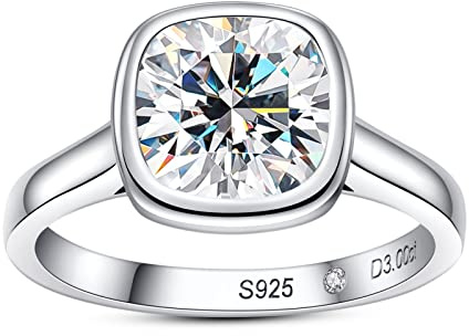 Raivari Moissanite Promise Bezel Set 3CT Cushion Cut Ring D Color VVS1 S925 Sterling Silver Wedding Engagement Rings for Women with Certificate Elegant Gift Packed Size7.5