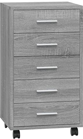 vidaXL Schubladenschrank, Kommode mit 4 Rollen, Schrank Rollcontainer mit 5 Schubladen, Aktenschrank Büroschrank, Modern, Grau Sonoma Holzwerkstoff