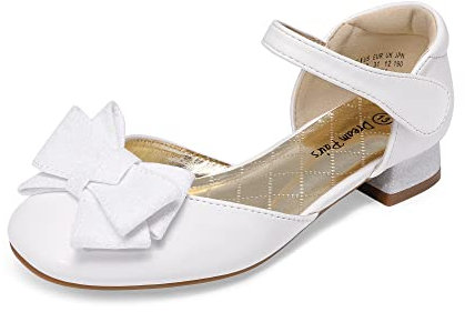 DREAM PAIRS Girls Dress Shoes Closed Toe Low Heels Ankle Strap Bow Ballet Wedding Party Sandals Princess Flower Shoes for Little Kid,Size 13 Little Kid,White,SDFL2314K