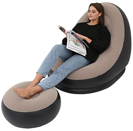 eBoutik - Inflatable Lounge Chair & Footstool Set – Soft Plush Indoor/Outdoor Seating – Fun & Cozy for Home, Gaming, Garden or Camping (Cream)