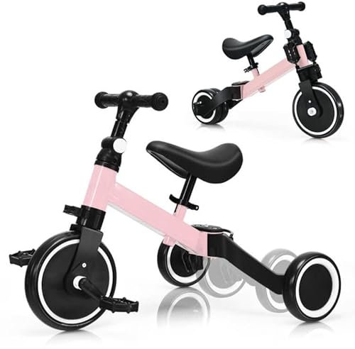 COSTWAY 3 en 1 Vélo d'Equilibre Enfants Evolutif avec Siège et Guidon Réglables, Tricycle à Pédales Convertible avec 3 Roues EVA, Draisienne Intérieur Extérieur pour Enfants 1-4 Ans (Rose)