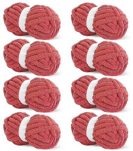 HOMBYS Red Chunky Chenille Yarn for Crocheting, Bulky Thick Fluffy Yarn for Knitting,Super Bulky Chunky Yarn for Hand Knitting Blanket, Soft Plush Yarn, 8 Jumbo Pack (27 yds,8 oz Each Skein)