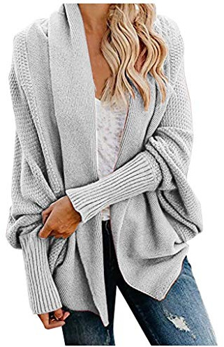 EMUKFD Cardigan en tricot épais et large pour femme - Long devant ouvert - Décontracté - En tricot épais - Drapé - Tendance - Manches chauve-souris - Pull en tricot tressé - Manteau oversize, gris