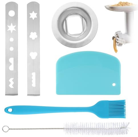Biscuit Attachment, 2 Pieces Stainless Steel Pastry Attachment with Connecting Ring, Brush and Scraper, 8 Shapes Pastry Attachment, Cookie Press Attachment, Pastry Press Accessories for Meat Mincer