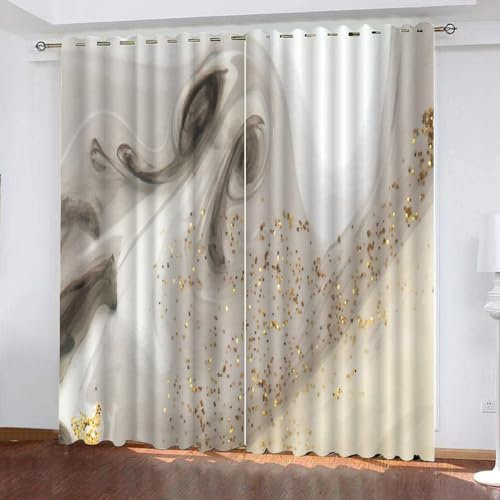 Gray Gold Foil Art Blackout Window Curtain, Marble Texture 3D Print Curtains, 2 Panels Darkening Thermal Insulated Drapes with Top Grommet for Living Room Bedroom 2 x 58.5W x 137H cm
