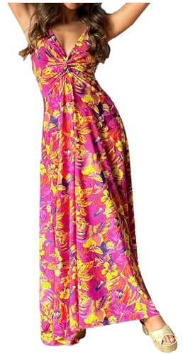 BUOYDM Robe Femme Longue Ete de Plage Boheme Robe de Soirée Fleurie Élegante Chic Rose Rouge S