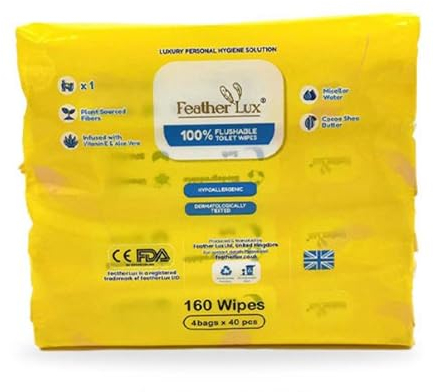 Feather Lux Wet Wipes for Adults - Flushable Toilet Wipes with Micellar Water, 160 Large Toilet Wipe Flushable (4 Pack of 40) Cocoa & Shea Butter, Biodegradable Wipe