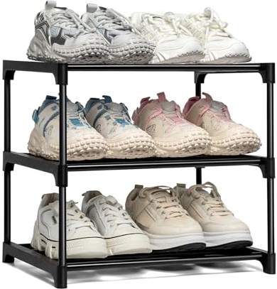 OLYREO Schuhregal mit 3 Ebenen, Schmal Platzsparend aus Metall Schwarz, Stapelbar Dauerhafte Schuhregal Klein Schuhaufbewahrung für 6 Paar Schuhe für Flur, Wohnzimmer, Schlafzimmer