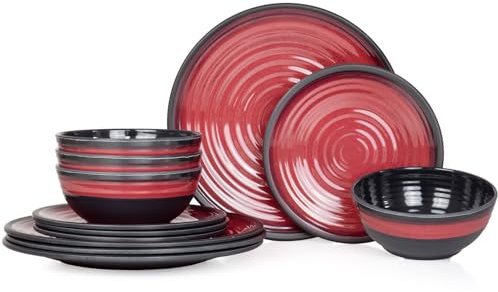Vaisselle de table de camping en mélamine pour 4 personnes 12 pièces | Passe au lave-vaisselle | Service de pique-nique | Vaisselle de camping I Stone Red Design