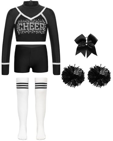 Jowowha 5er Set Mädchen Cheer Leader Kostüm Cheerleading Uniform Langarm Crop Tops mit Hose Pompoms Socken Halloween Karneval Faschingskostüm Schwarz Weiß 146-152