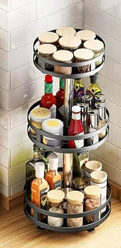 Deconation Etagère Rotative Multirangements H 57,5 Cm X D 26 Cm : épices, Boîtes, Flacons | Support Rond 3 Niveaux | Noir