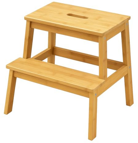 RANRHA Bamboo Step Stool for Adults & Kids – 2-Tier Wooden Ladder with Handle | Sturdy Natural Bamboo Footstool for Kitchen, Bedroom & Bathroom – 50cm Height, 42cm Width
