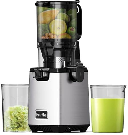 Fretta Entsafter Slow Juicer, Edelstahl Entsafter Gemüse und Obst Testsieger, 135MM Öffnung & 1,8L Juicer Machine mit Umkehrfunktion, Einfache Installation, Leicht zu Reinigen, 100% BPA Frei, 250W